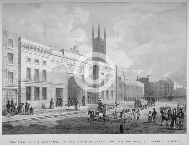 Entrance to the Grand Junction Railway terminal, Skinner Street, near Holborn Viaduct, London, 1835. Artist: Anon