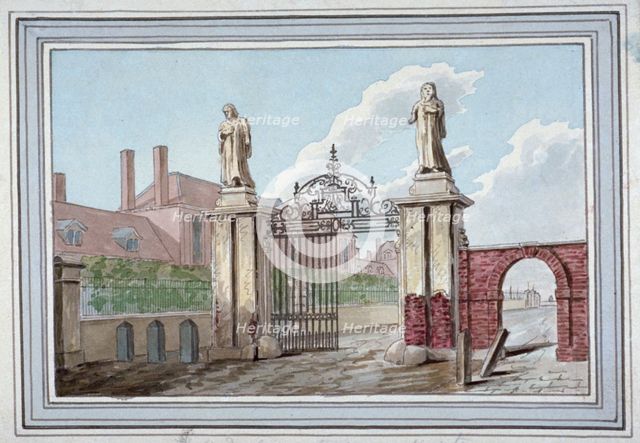 Entrance to the Haberdashers' Almshouses in Pitfield Street, Shoreditch, London, c1830. Artist: G Yates