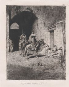 Entrance to the Kasbah in Tetuan, figures sitting on the ground, others on horseback, ..., ca. 1873. Creator: Mariano Jose Maria Bernardo Fortuny y Carbo