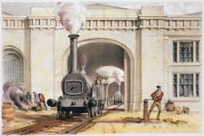Entrance to the locomotive engine house, Camden Town, London, 1839. Creator: John Cooke Bourne