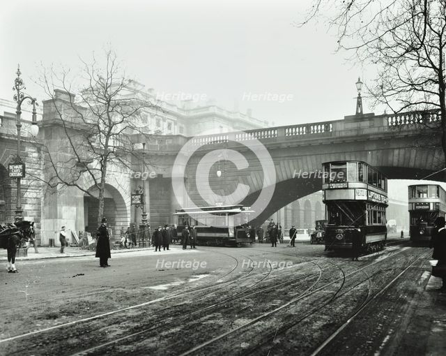 Entrance to the tram tunnel by Waterloo Bridge, London, 1908. Artist: Unknown.