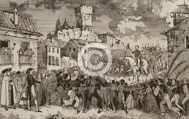 Entry into Spain of French general Pierre Antoine Dupont de l'Etang in 1808, (1851).  Creator: Unknown.