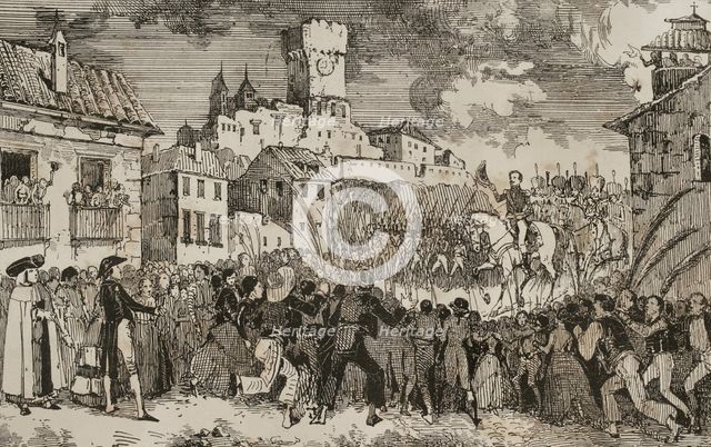 Entry into Spain of French general Pierre Antoine Dupont de l'Etang in 1808, (1851).  Creator: Unknown.