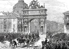 Entry of Alfonso XII. Into Madrid: Triumphal Arch in the Calle de Alcala, 1876. Creator: Unknown