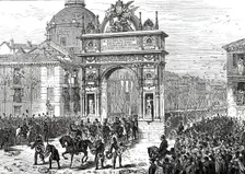 Entry of Alfonso XII. Into Madrid: Triumphal Arch in the Calle de Alcala, 1876. Creator: Unknown