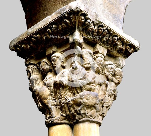 Entry of Jesus into Jerusalem, decoration of a capital of the cloister of the Tudela cathedral (N…