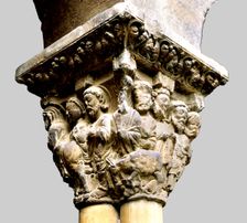 Entry of Jesus into Jerusalem, decoration of a capital of the cloister of the Tudela cathedral (N…