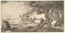 Entry of the animals into Noah's ark, three men follow quadrupeds and birds stridin..., ca. 1650-55. Creator: Giovanni Benedetto Castiglione