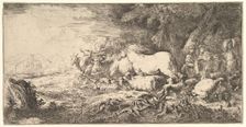 Entry of the animals into Noah's ark, three men follow quadrupeds and birds stridin..., ca. 1650-55. Creator: Giovanni Benedetto Castiglione