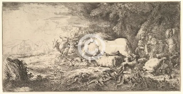 Entry of the animals into Noah's ark, three men follow quadrupeds and birds stridin..., ca. 1650-55. Creator: Giovanni Benedetto Castiglione.