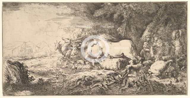 Entry of the animals into Noah's ark, three men follow quadrupeds and birds stridin..., ca. 1650-55. Creator: Giovanni Benedetto Castiglione.