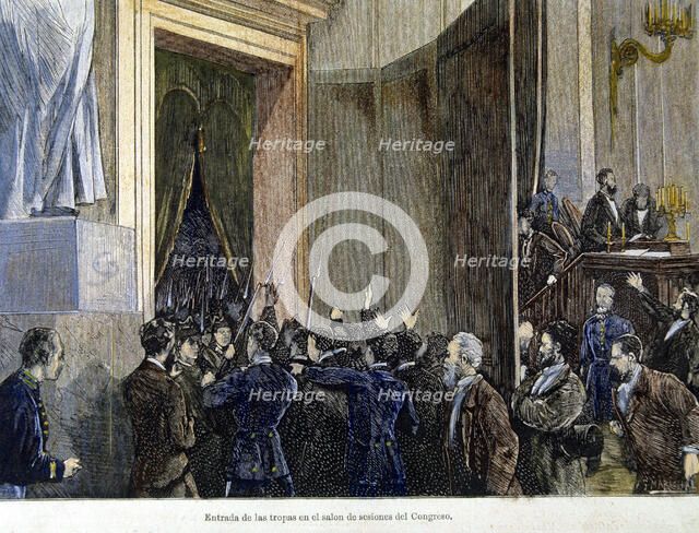Entry of the troops of General Pavia in the meeting room of Congress on January 3, 1874, colored …