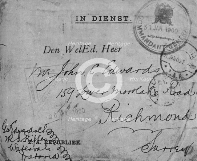 'Envelope addressed by Colour-Sergeant Edwards, 2nd Royal Irish Rifles', 1900. Artist: Unknown.