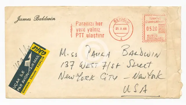 Envelope addressed to Paula Baldwin from James Baldwin, August 25, 1966. Creator: Unknown.