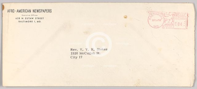 Envelope for a letter from Afro-American Newspapers to Rev. V. Stokes, September 16, 1958. Creator: Unknown.