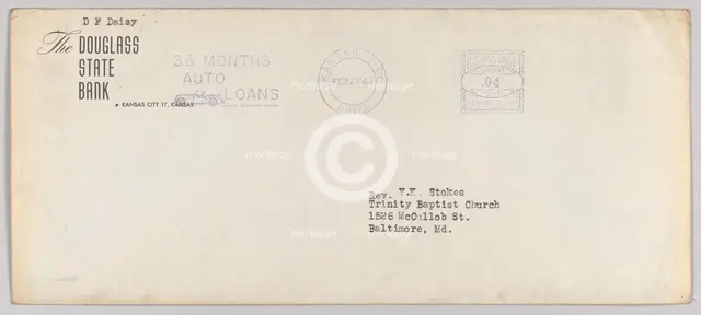 Envelope for letter from H.W. Sewing for Daisy Bates Trust Fund, Feb 17, 1960. Creator: Unknown.