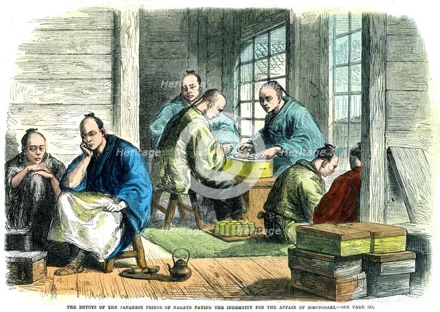 'Envoys of the Japanese Prince of Nagato paying the indemnity for the affair of Simonosaki', 1865. Artist: Unknown