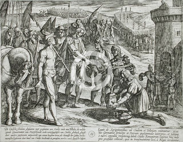 Envoys from Cologne Bring Presents to Civilis, Publshed 1612. Creator: Antonio Tempesta.
