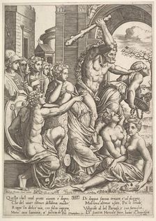 Envy or Avarice at the right being driven from the temple of the Muses by Hercules who ..., 1530-60. Creator: Master of the Die