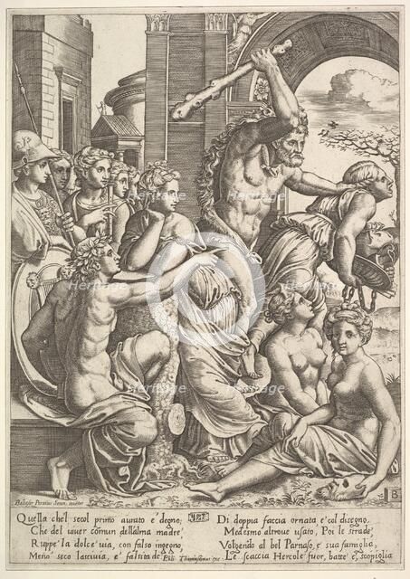 Envy or Avarice at the right being driven from the temple of the Muses by Hercules who ..., 1530-60. Creator: Master of the Die.