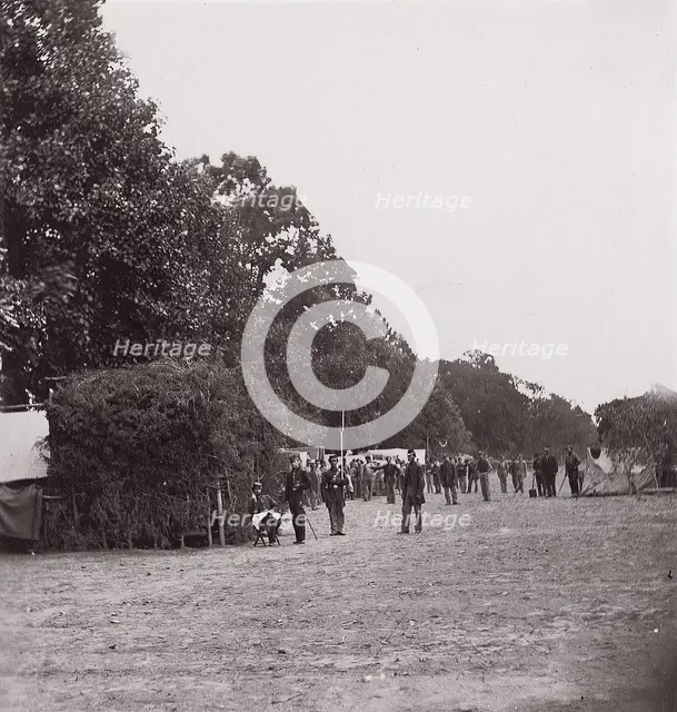 [Encampment alongside a stand of trees]. Brady album, p. 123, 1861-65. Creator: Unknown.