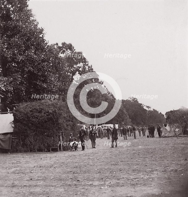[Encampment alongside a stand of trees]. Brady album, p. 123, 1861-65. Creator: Unknown.