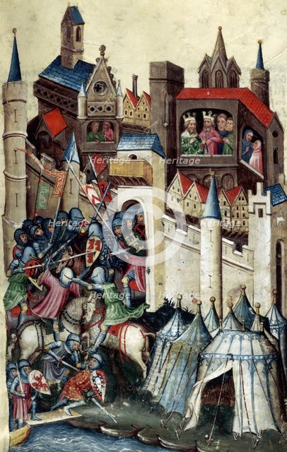 Encampment of the Greeks, and battle outside Troy, 15th century.  Creator: Unknown.