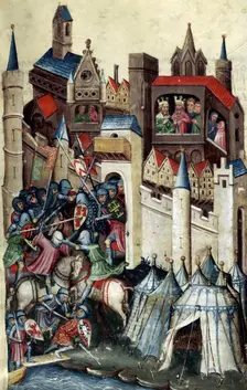 Encampment of the Greeks, and battle outside Troy, 15th century. Creator: Unknown