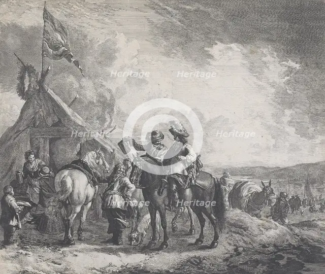 Encampments: A military encampment with a tent flying a flag,  c.1670. Creator: Jan de Visscher.