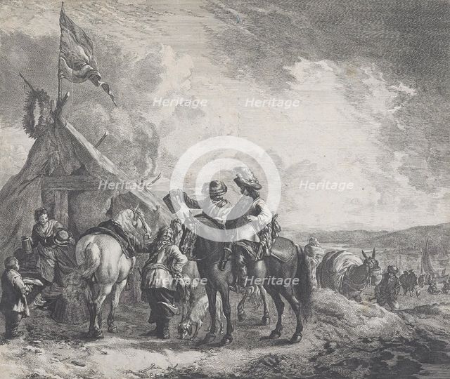 Encampments: A military encampment with a tent flying a flag,  c.1670. Creator: Jan de Visscher.