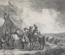 Encampments: A military encampment with a tent flying a flag, c.1670. Creator: Jan de Visscher