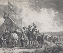 Encampments: A military encampment with a tent flying a flag, c.1670. Creator: Jan de Visscher