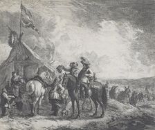 Encampments: A military encampment with a tent flying a flag, c.1670. Creator: Jan de Visscher