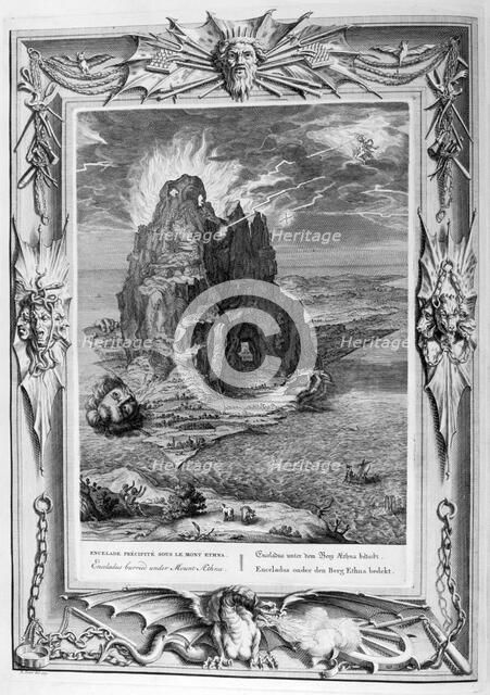 Enceladus buried underneath Mount Etna, 1733. Artist: Bernard Picart