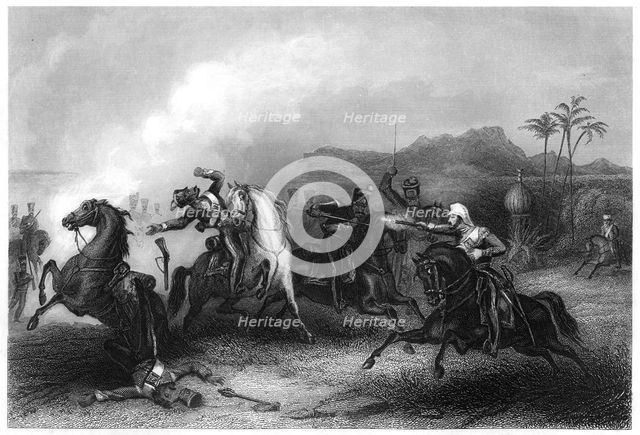 'Encounter between Lieutenant Hills and a body of Sepoy cavalry', 1857, (c1860). Artist: Unknown