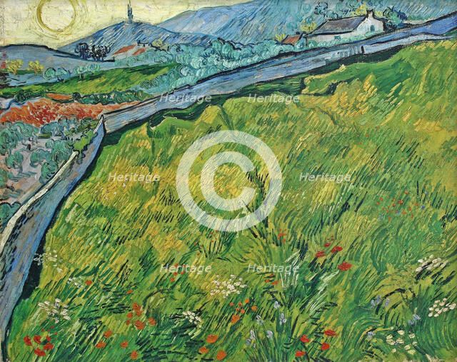 Enclosed wheat field with rising sun, 1889. Creator: Gogh, Vincent, van (1853-1890).