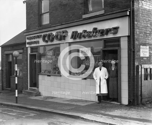 End of rationing, meat and bacon on sale at the Barnsley Co-op butchers, South Yorkshire, 1954. Artist: Michael Walters