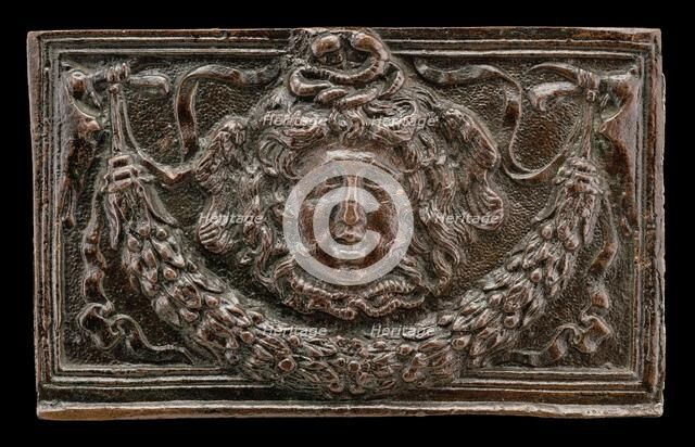 End panel of a writing casket: Medusa Head, Garland, and Bucrania, c. 1500. Creator: Unknown.