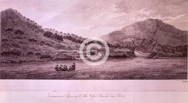 Endeavours River with the Vessel hauled on the Shore, 1770, (late 18th century).  Creator: William Byrne.