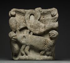 Engaged Capital with a Fantastic Creature and Three Birds, early 1100s. Creator: Unknown
