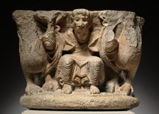 Engaged Capital with a Supporting (Caryatidal) Figure Flanked by Lions, c. 1125-1150. Creator: Unknown