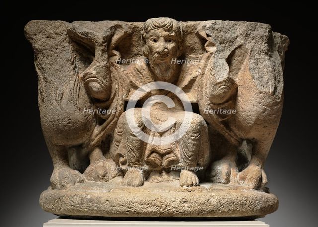 Engaged Capital with a Supporting (Caryatidal) Figure Flanked by Lions, c. 1125-1150. Creator: Unknown.
