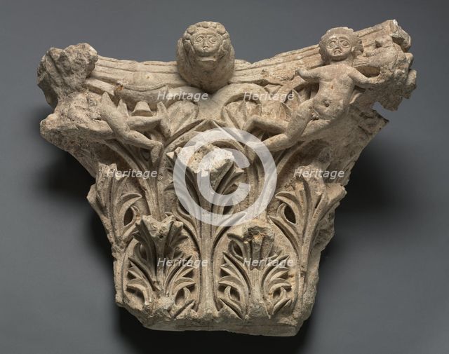 Engaged Capital with Human Figures and Foliage, 300s - 400s. Creator: Unknown.