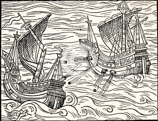 'Engagement Between Two Merchant Ships Off The Coast of Iceland', 1555. Artist: Unknown.