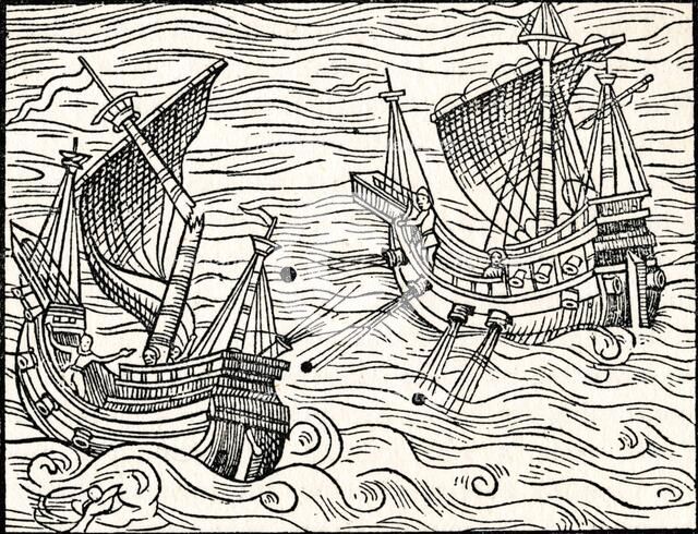 'Engagement Between Two Merchant Ships Off The Coast of Iceland', 1555. Artist: Unknown.
