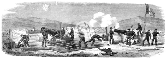 Engagement between the "Bourbonnais" Neapolitan steam-frigate and the ship-gun battery..., 1860. Creator: Unknown.