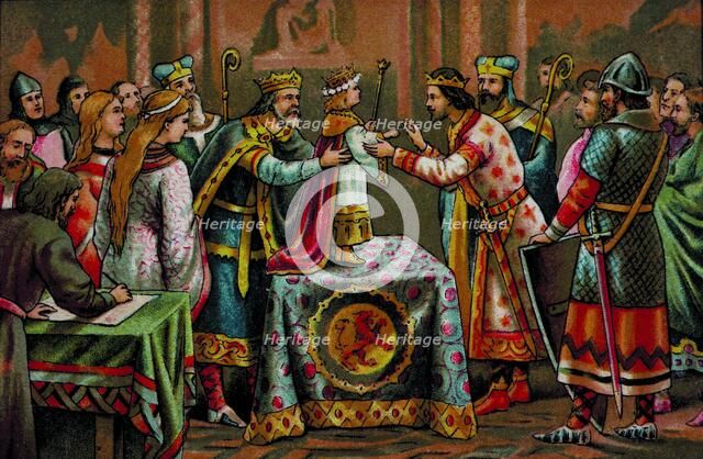 Engagement between the Count of Barcelona Ramon Berenguer IV and Petronilla of Aragon who is 2 ye…