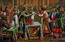 Engagement between the Count of Barcelona Ramon Berenguer IV and Petronilla of Aragon who is 2 ye…