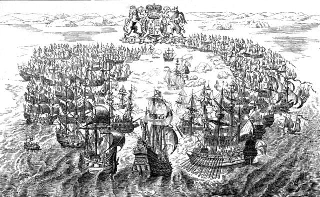 ''Engagement between the English and Spanish Fleets off the Isle of Wight, 1588, after a Tapestry in Creator: Unknown.
