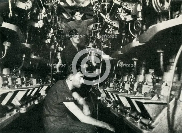 Engine room of a British submarine, World War II, 1945. Creator: Unknown.